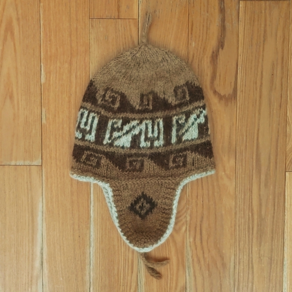 Vintage Patterned Knit Hat Brown White Ear Flaps - Picture 1 of 7